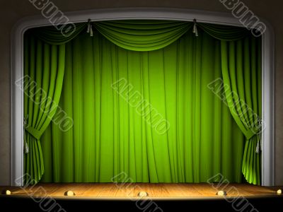 Empty stage with green curtain in expectation of perfomance