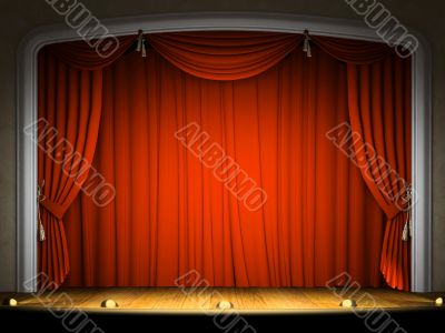 Empty stage with red curtain in expectation of performance