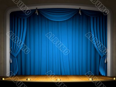 Empty stage with blue curtain in expectation of performance