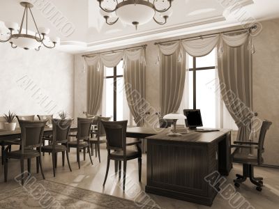 Office interior in monochrome 3D rendering