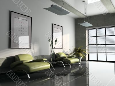 ofise interior whis too green armchairs 3D rendering