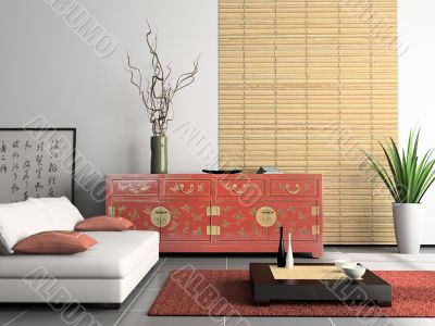 Home interior  with Chinese furniture 3D rendering