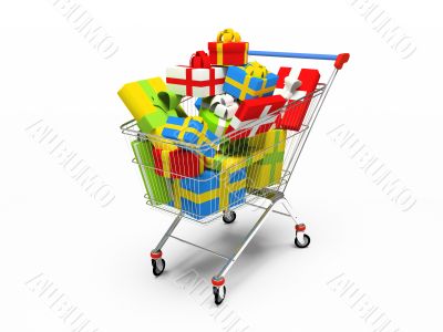 Varicoloured gift boxes in shop pushcart 3D rendering