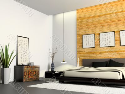 Interior of modern bedroom with Chinese furniture 3D rendering