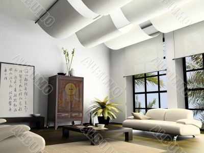 Home interior  with element of Chinese furniture 3D rendering