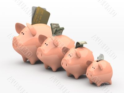 Four pink piggy banks showing profits and gains on white backgro