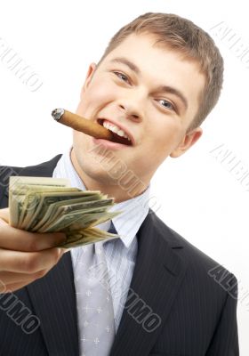 smoking gangster holding dollar bills