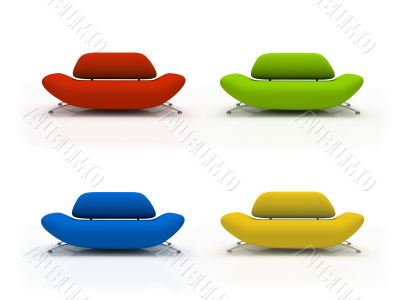 Four colourful sofas isolated on white background
