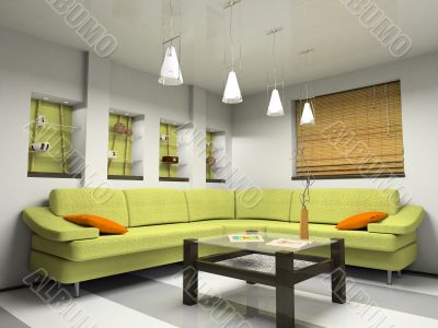 Interior with green sofa and bamboo jalousie