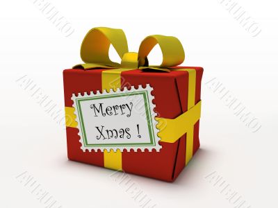 Red gift box isolated on white background with label Merry xmas