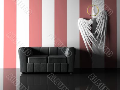 Interior with black sofa and pair wings Interior with black sofa and pair wings