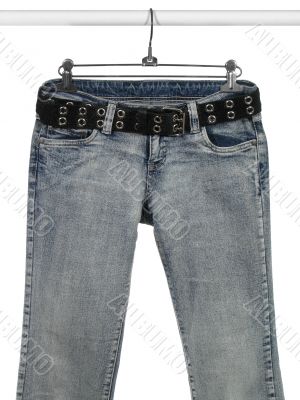 Blue jeans, black leather belt Blue jeans, black leather belt