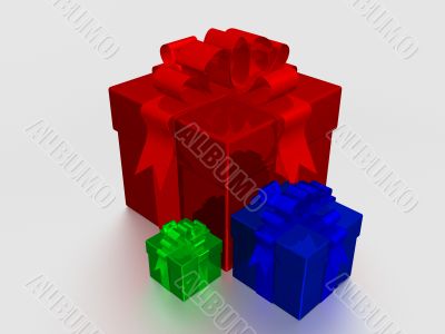 Three multi-coloured gift boxes. 3D image. Three multi-coloured gift boxes. 3D image.