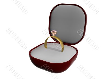Gold ring with a stone in gift packing. 3D image.