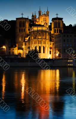 Notre Dame de Fourviere in Lyon illuminated