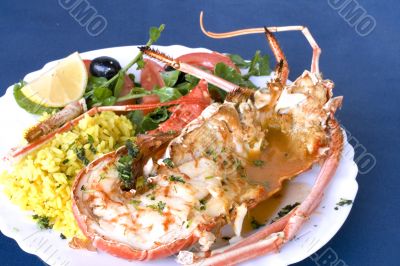 Spine Lobster drill with shellfish sauce, rice and salad