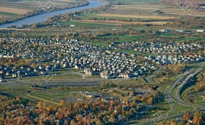 Aerial view of town and highway