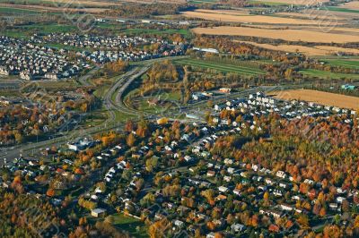 View of town and highway intersection