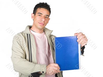 casual student displaying notebook