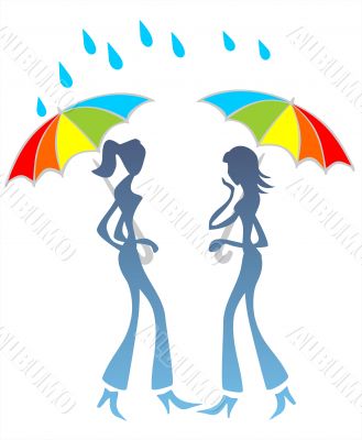 Girls talk under a rain