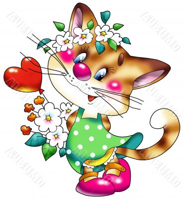 Cheerful, striped, red cat in a green dress.