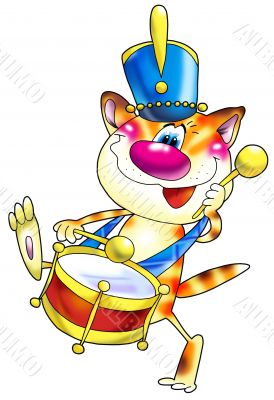 Cat with a drum in the military form.