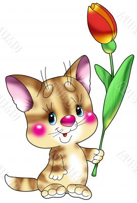 Kitten with the big red flower