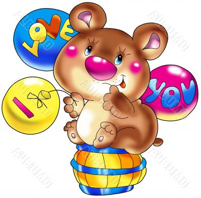 The cheerful bear cub with balloons.