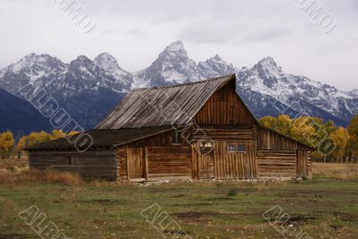 Autumn, Grand Tetons and old western farm