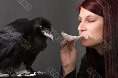 young woman with raven