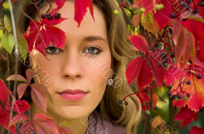 The beautiful blonde in red leaves of grapes