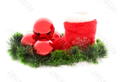 Christmas sock with red balls and fir decoration