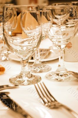 Wine glasses in warm lighting