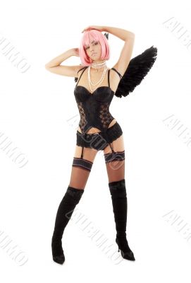 dancing black lingerie angel with pink hair