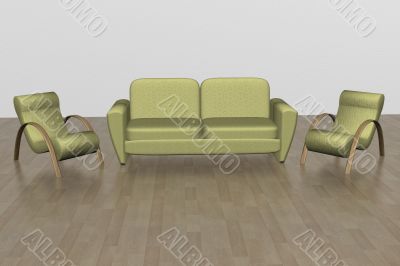 Two armchairs and sofa. An interior. 3D image.