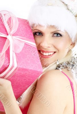 santa helper girl with pink gift box