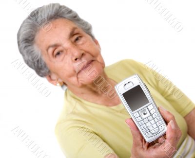 grandmother with a mobile phone on her hand