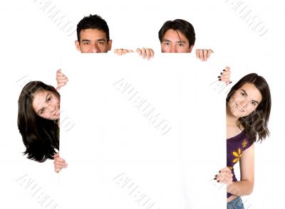 young friends holding a white banner