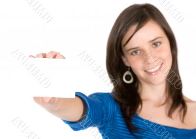 beautiful casual girl holding a business card