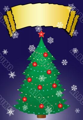 Christmas fur-tree with ornament. A greeting card.