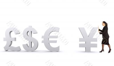 world currencies - business woman pushing yen