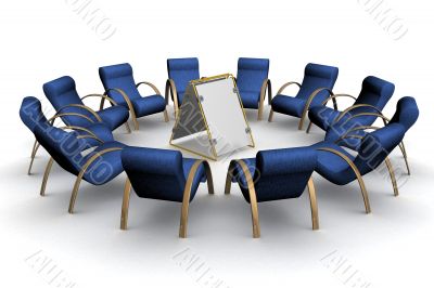 Twelve armchairs around of a poster. 3D image.