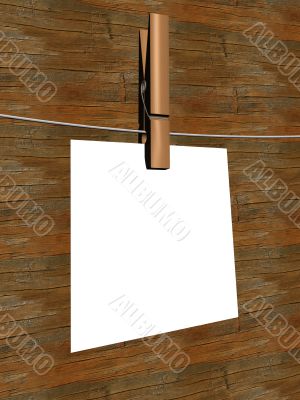 One sheet of a paper hanging on a cord. 3D image.