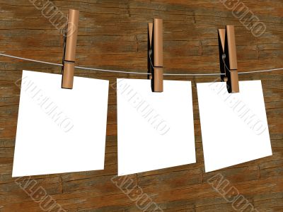 Three sheets of the paper, hanging on a cord. 3D image.