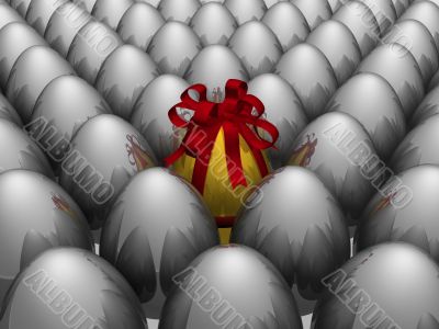 One gold egg among metal. 3D image.