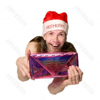 Funny christmas man presenting present
