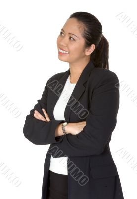 friendly asian business woman looking up
