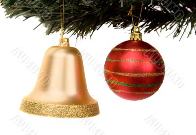 christmas ball and bell on a xmas tree