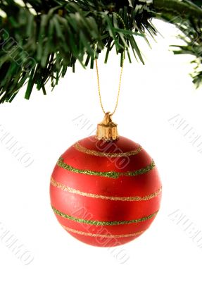 bauble in red hanging from christmas tree