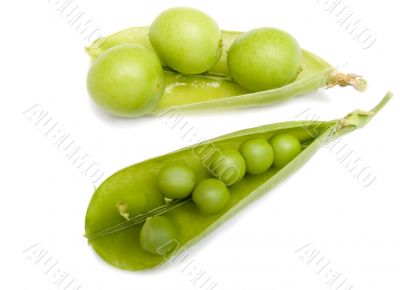 Pod of  a green peas and fruits plums